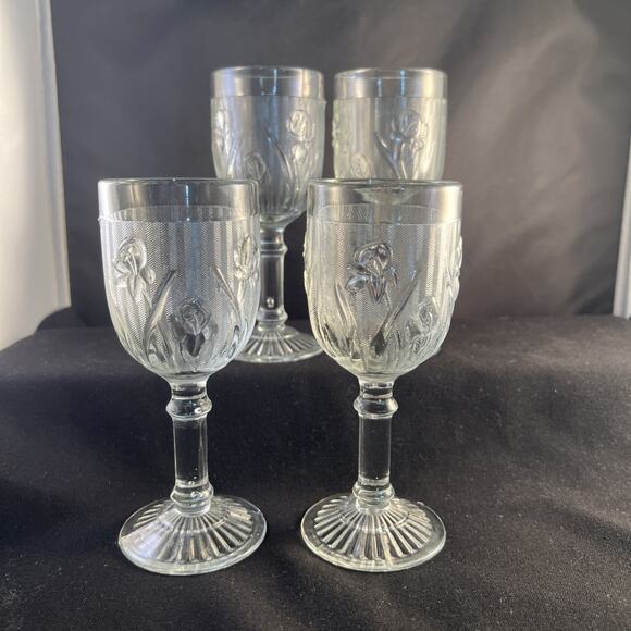 Set of 4 Depression Jeannette Iris & Herringbone Clear 4 1/4" Wine Goblet 4oz - Picture 3 of 6
